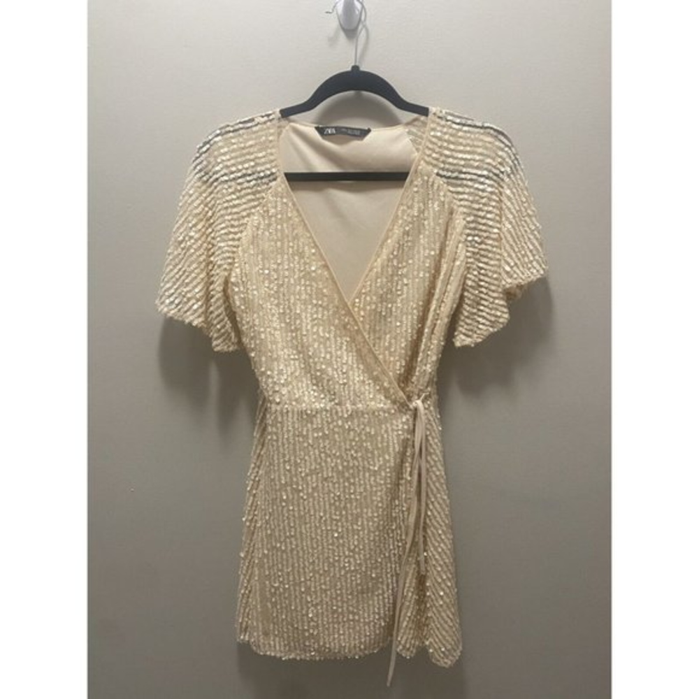 Zara Sequin Wrap Mini‎ Dress Off White